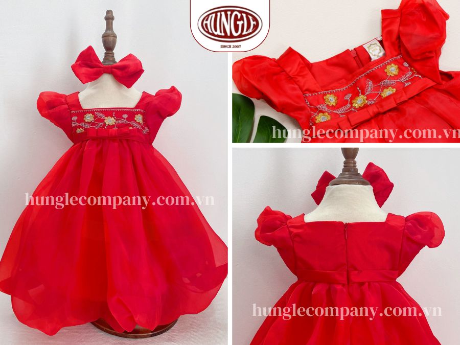 Đầm voan thêu hoa bé gái
